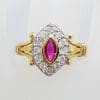 9ct Yellow Gold Natural Ruby & Diamond Ornate Marquis Shape Cluster Ring