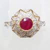 9ct Yellow Gold Natural Ruby & Diamond Large Ornate Patterned Cluster Ring