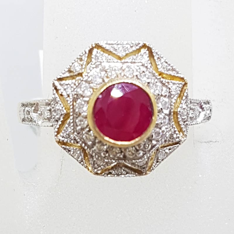 20200803_123136 9ct Yellow Gold Natural Ruby & Diamond Large Ornate Patterned Cluster Ring