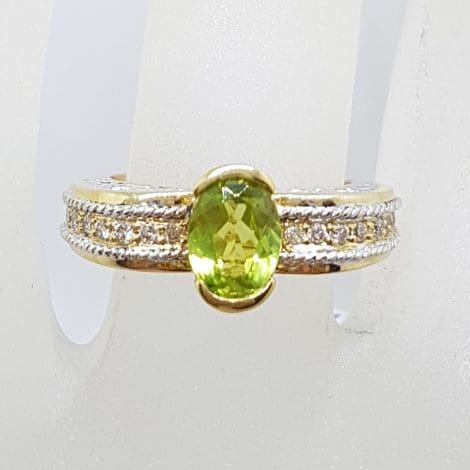 9ct Yellow Gold Oval Peridot & Diamond Ornate Ring