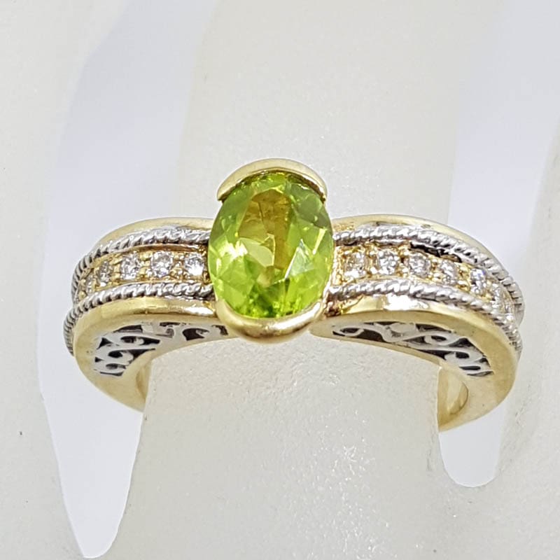 20200804_003847 9ct Yellow Gold Oval Peridot & Diamond Ornate Ring