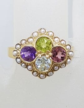 9ct Gold Multi-Coloured Gemstone Ring - Pink Tourmaline, Topaz, Peridot, Amethyst and Seedpearl