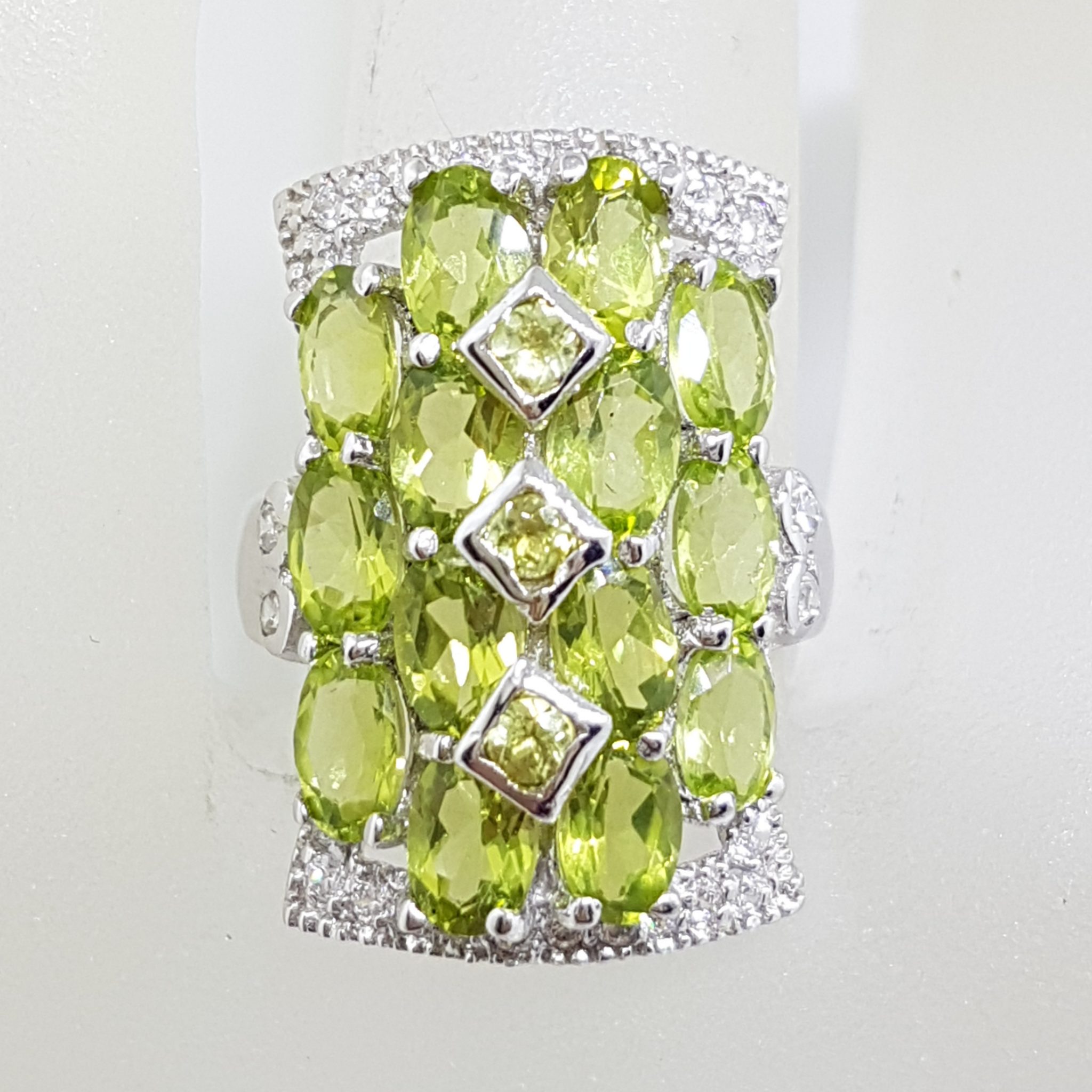 20200804_004252 Sterling Silver Peridot and Cubic Zirconia Large Rectangular Cluster Ring