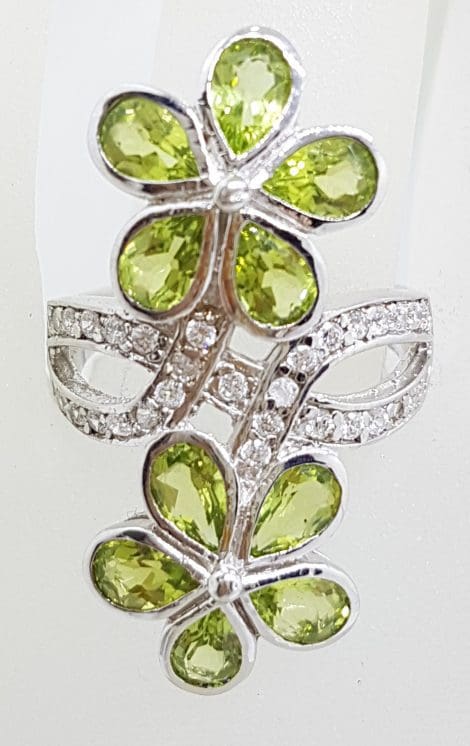 Sterling Silver Large Peridot and CZ Flower Ring