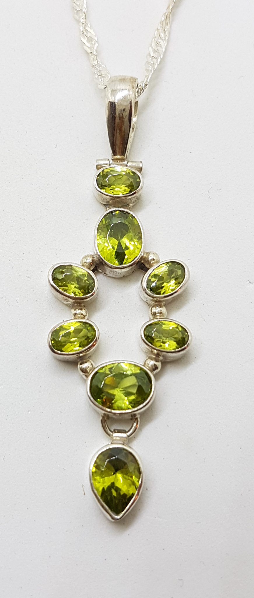 20200804_004946 Sterling Silver Long Cluster Peridot Pendant on Silver Chain