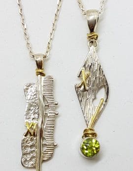 Sterling Silver & Gold Plate Long Peridot Pendant on Silver Chain
