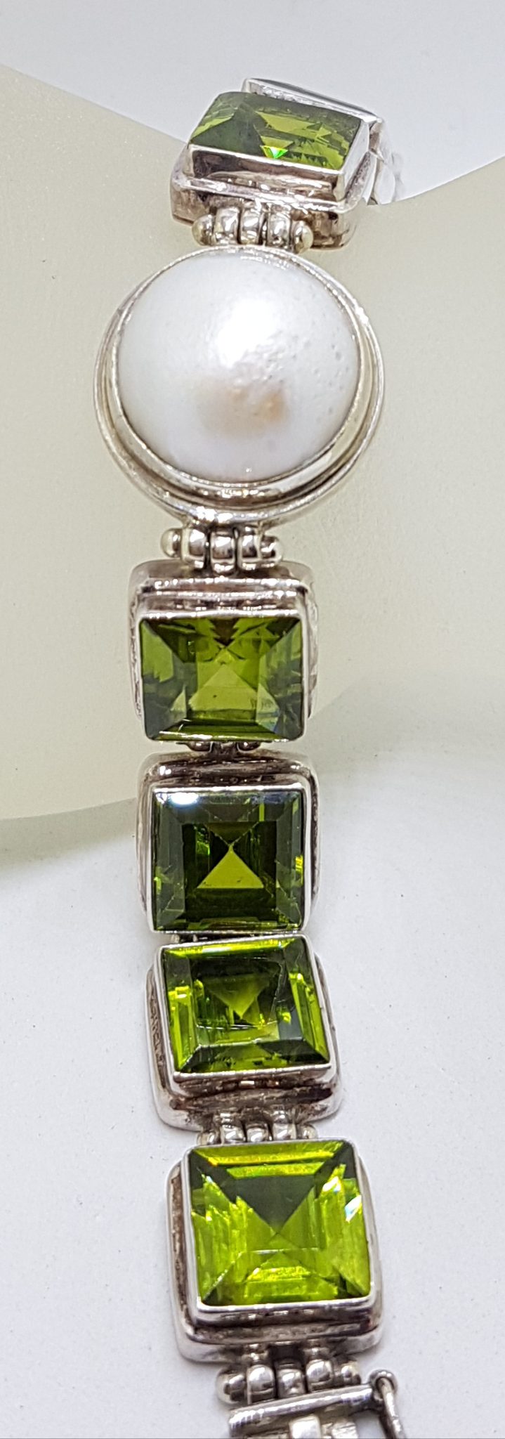 Sterling Silver Mabe Pearl with Green Heavy Bracelet