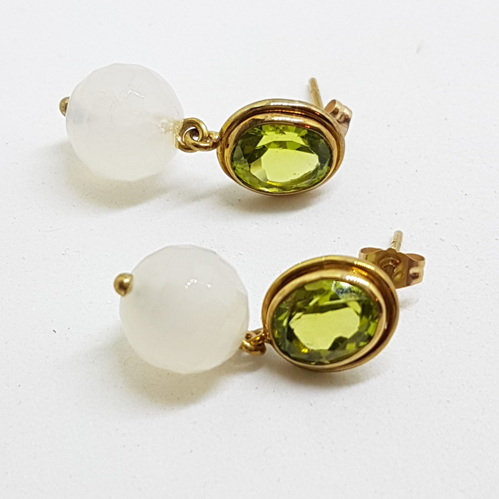 9ct Yellow Gold Peridot & Moonstone Ball Drop Earrings - Handmade