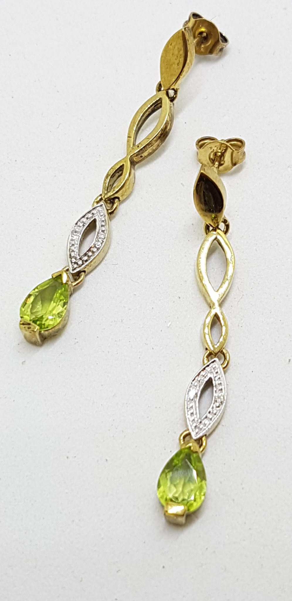 9ct Yellow Gold Peridot & Diamond Long Drop Earrings