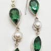Sterling Silver Green Quartz and Pearl Long Drop Earrings
