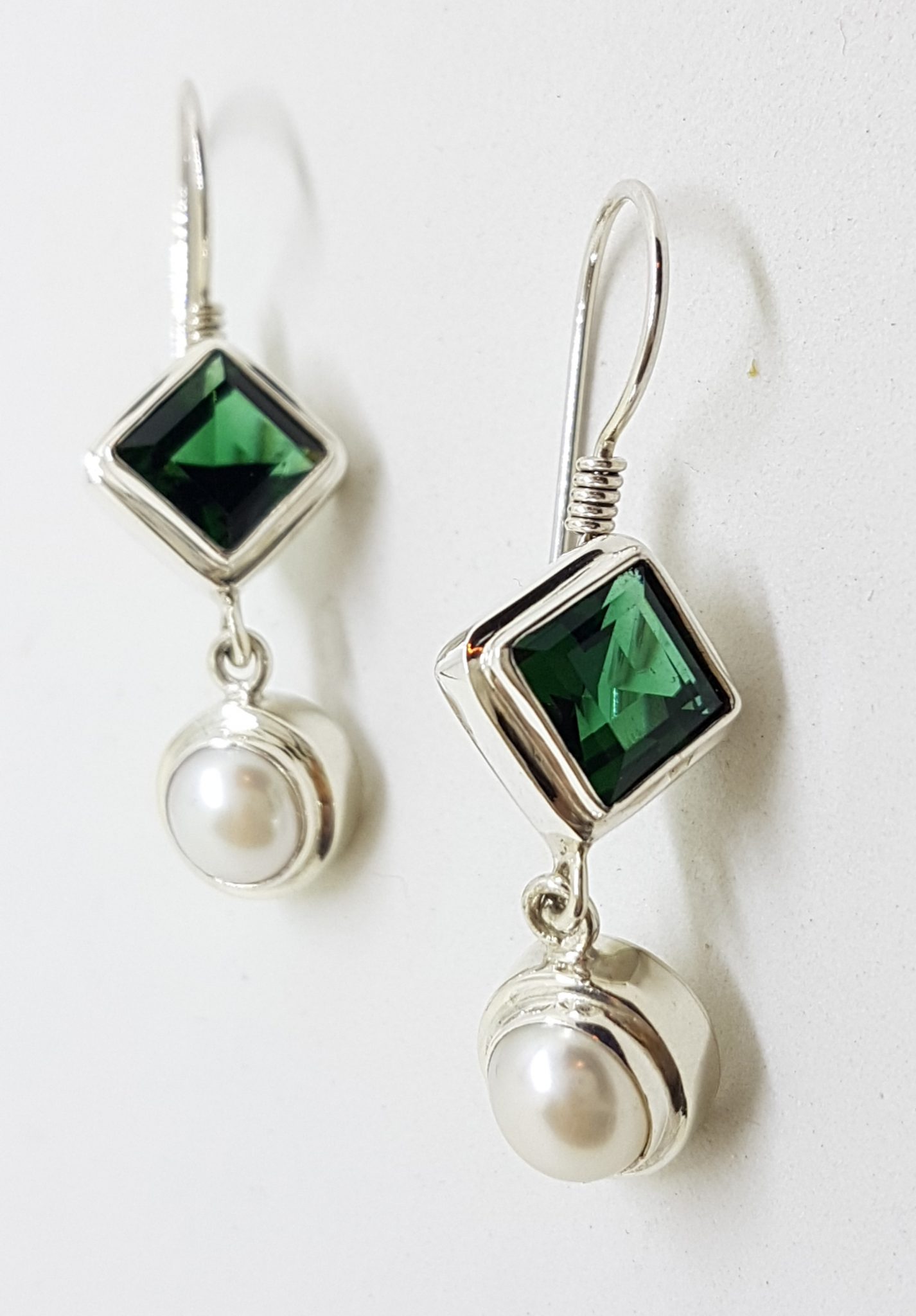 20200807_201214 Sterling Silver Square Green Quartz and Pearl Long Drop Earrings