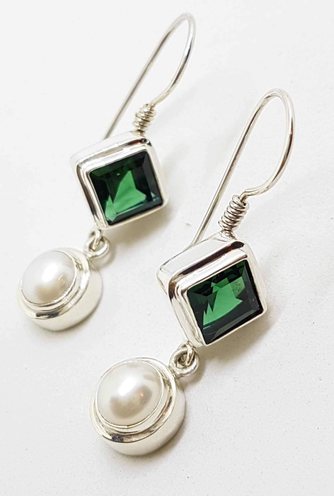 20200807_201418 Sterling Silver Square Green Quartz and Pearl Long Drop Earrings