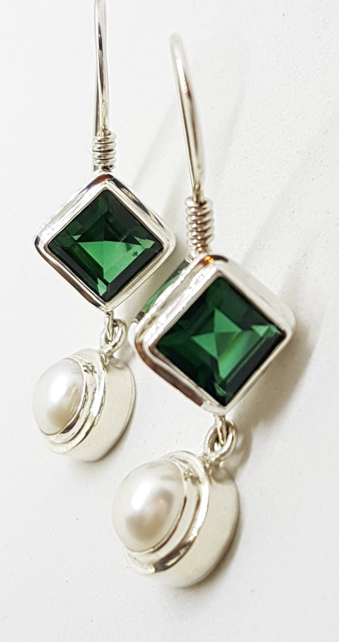20200807_201442 Sterling Silver Square Green Quartz and Pearl Long Drop Earrings