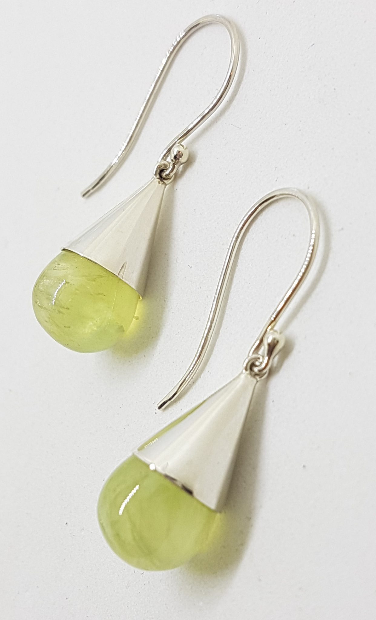 Sterling Silver Prehnite Ball in Teardrop Cone Drop Earrings