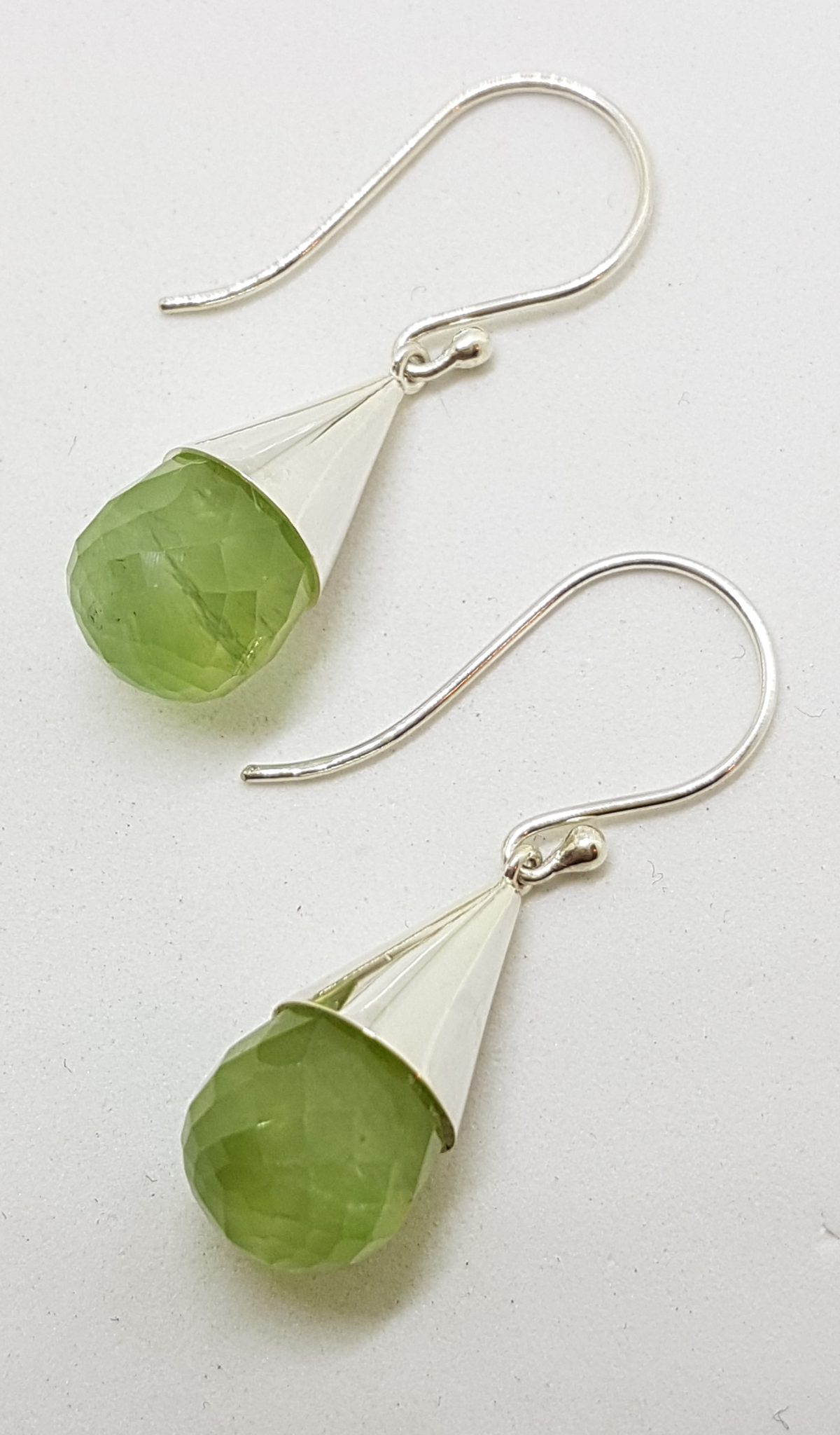 Sterling Silver Prehnite Ball in Teardrop Cone Drop Earrings - Faceted