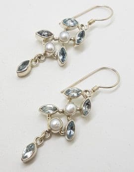 Sterling Silver Blue Topaz and Pearl Long Leaf Design Drop Earrings