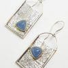 Sterling Silver with Gold Rim Large Rectangular Drop Aquamarine Earrings