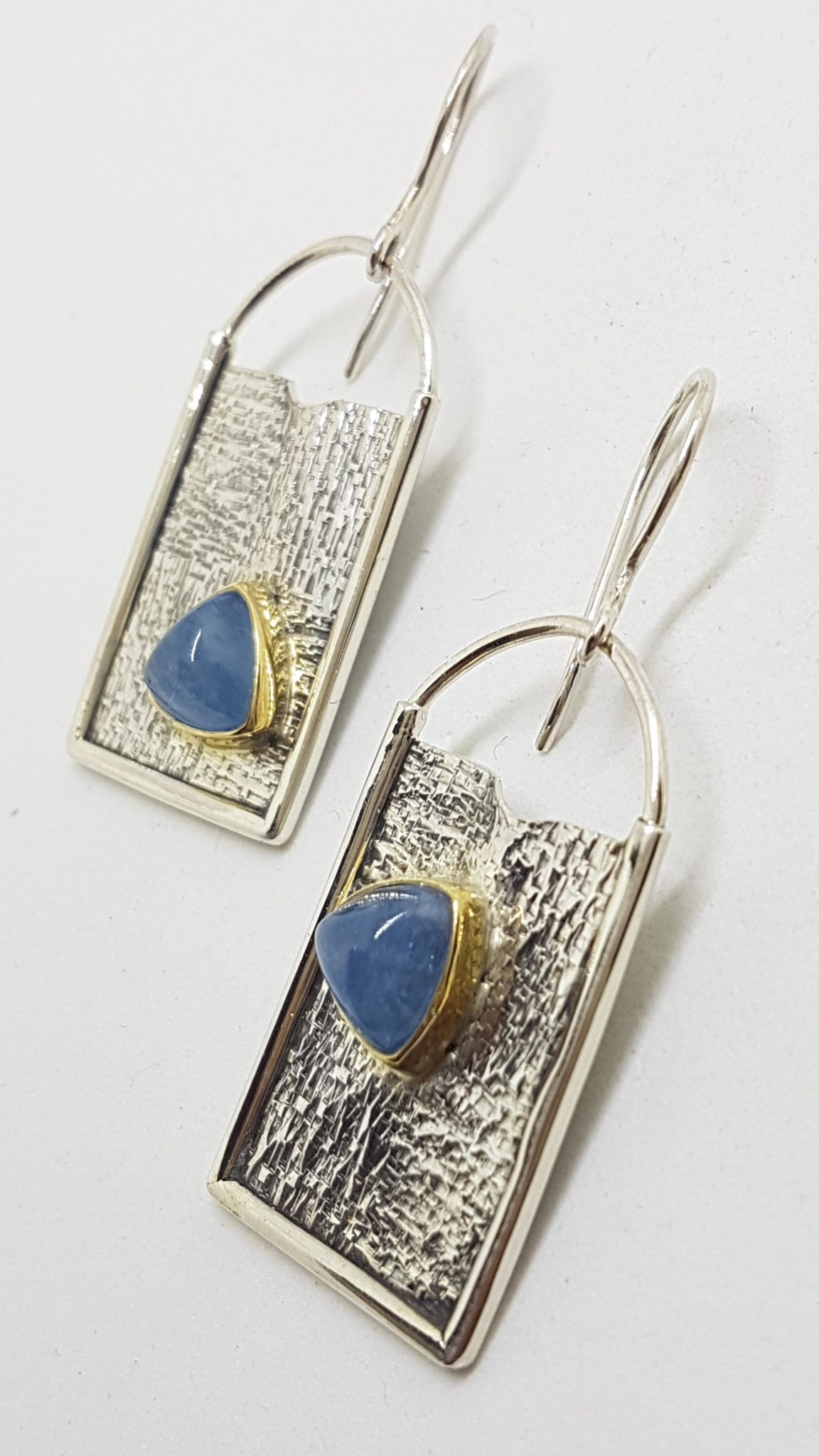 Sterling Silver with Gold Rim Large Rectangular Drop Aquamarine Earrings