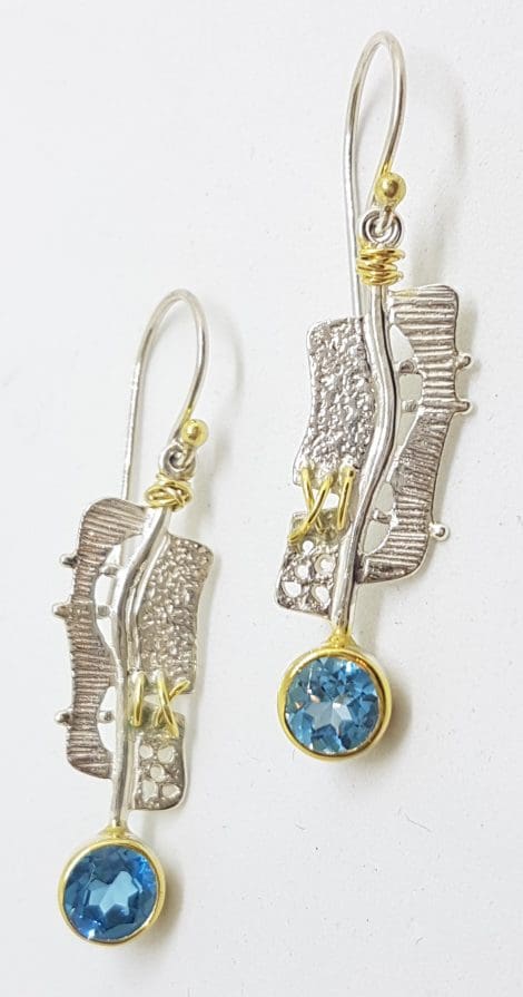 Sterling Silver & Gold Plate Long Blue Topaz Drop Earrings