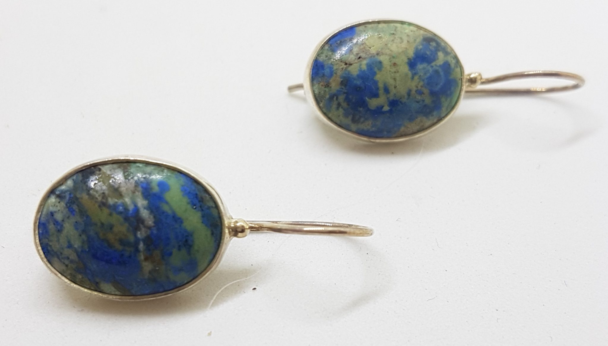Sterling Silver Large Oval Bezel Set Azurite Drop Earrings