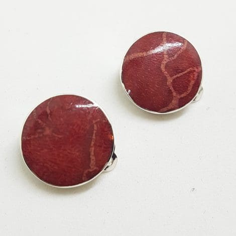 Sterling Silver Round Clip-On Earrings - Coral