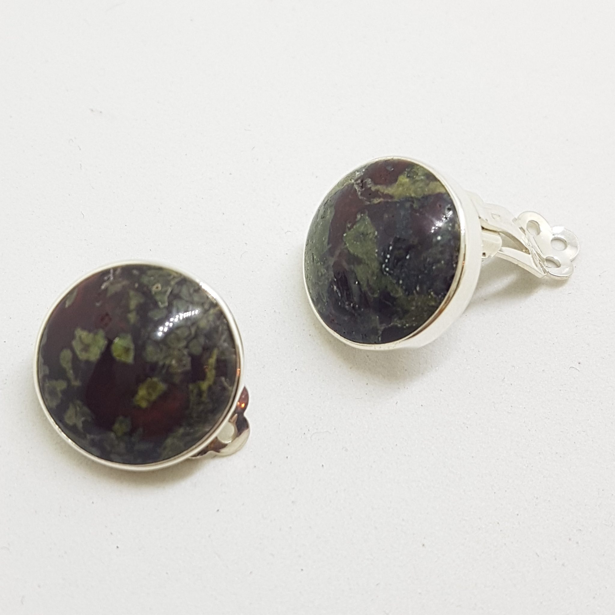 Sterling Silver Round Clip-On Earrings - Dragon Blood Jasper