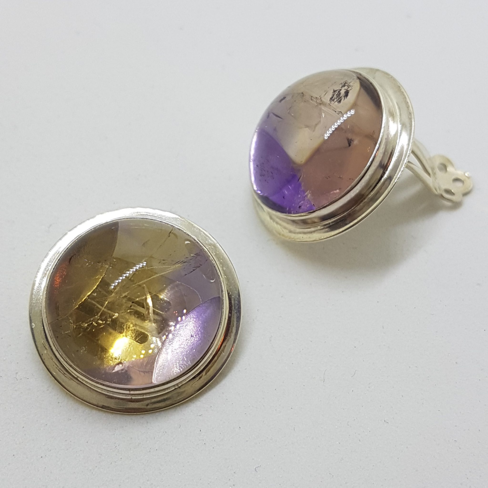 Sterling Silver Round Clip-On Earrings - Fluorite - Large