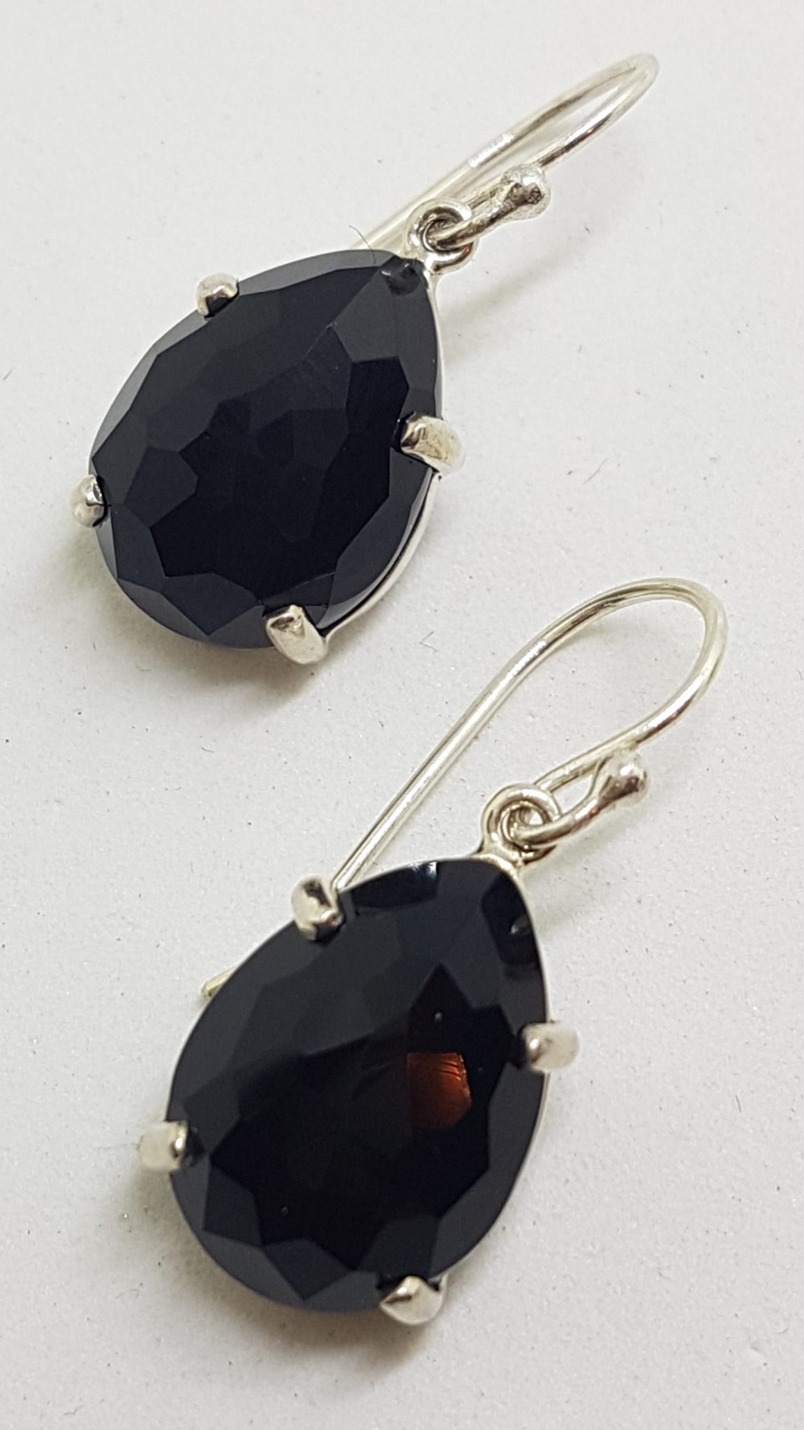 Sterling Silver Large Faceted Onyx Teardrop / Pear Shape Drop Earrings