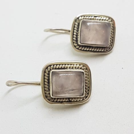 Sterling Silver Cabochon Cut Rose Quartz Rectangular Drop Earrings