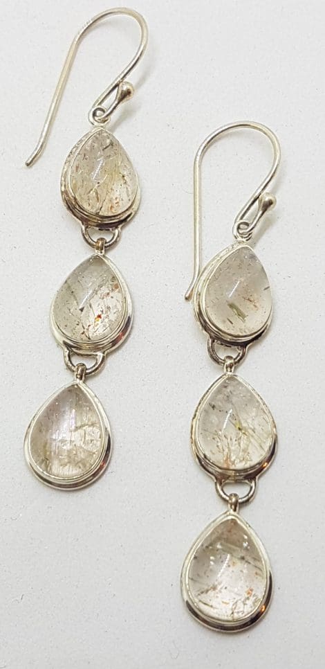 Sterling Silver Pear Shape / Teardrop Rutilated Quartz Long Drop Earrings