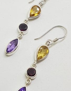 Sterling Silver Multi-Colour Gemstones Long Drop Earrings - Amethyst, Citrine, & Garnet