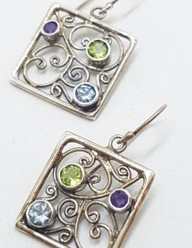 Sterling Silver Large Square Filigree Drop Earrings with Amethyst, Peridot and Topaz