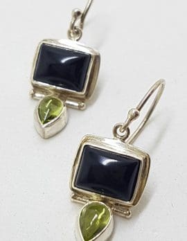 Sterling Silver Rectangular Onyx with Peridot Drop Earrings