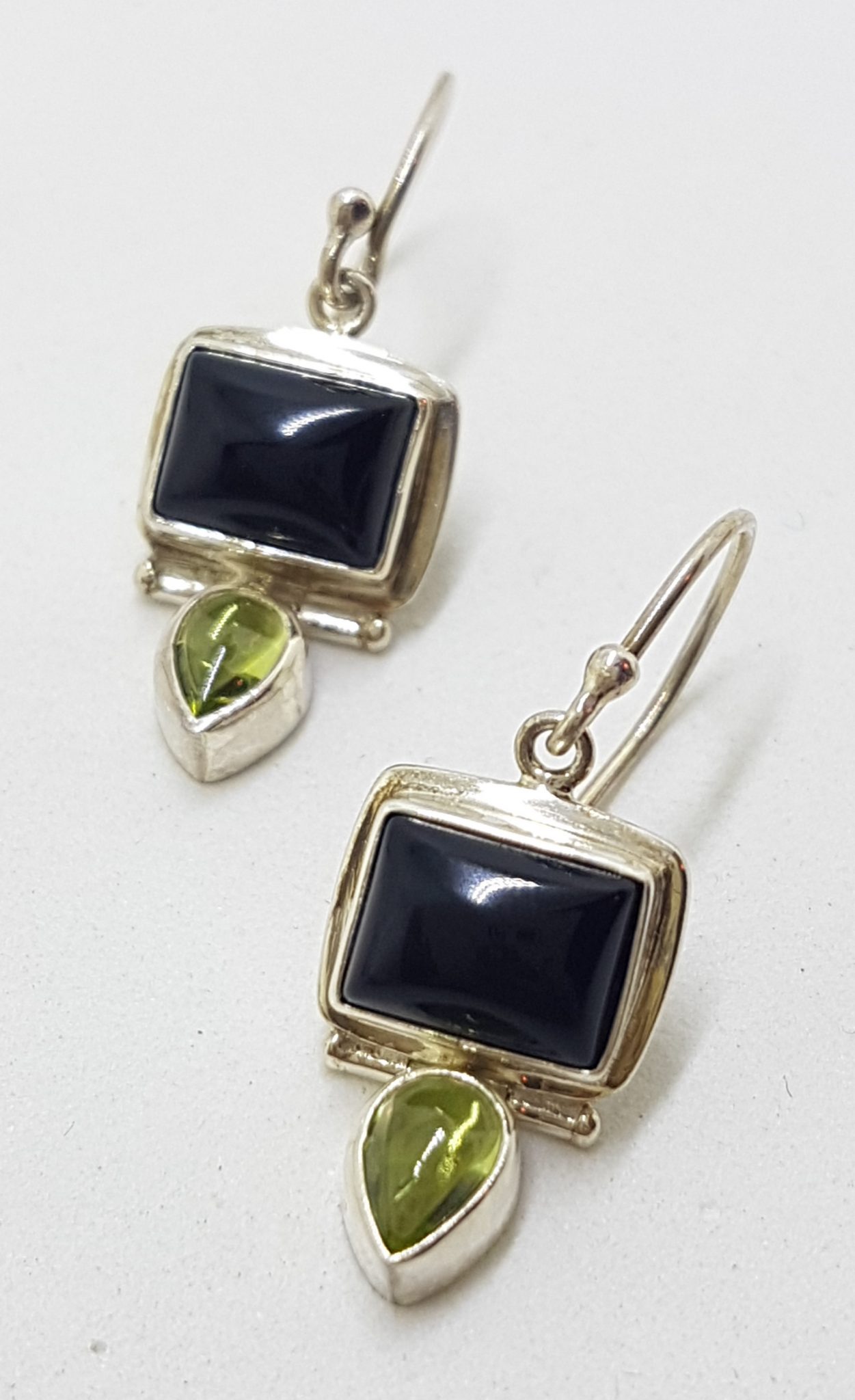 Sterling Silver Rectangular Onyx with Peridot Drop Earrings