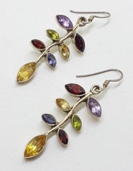 Sterling Silver Multi-Colour Gemstones Long Leaf Drop Earrings - Amethyst, Citrine, Garnet, Peridot and Iolite