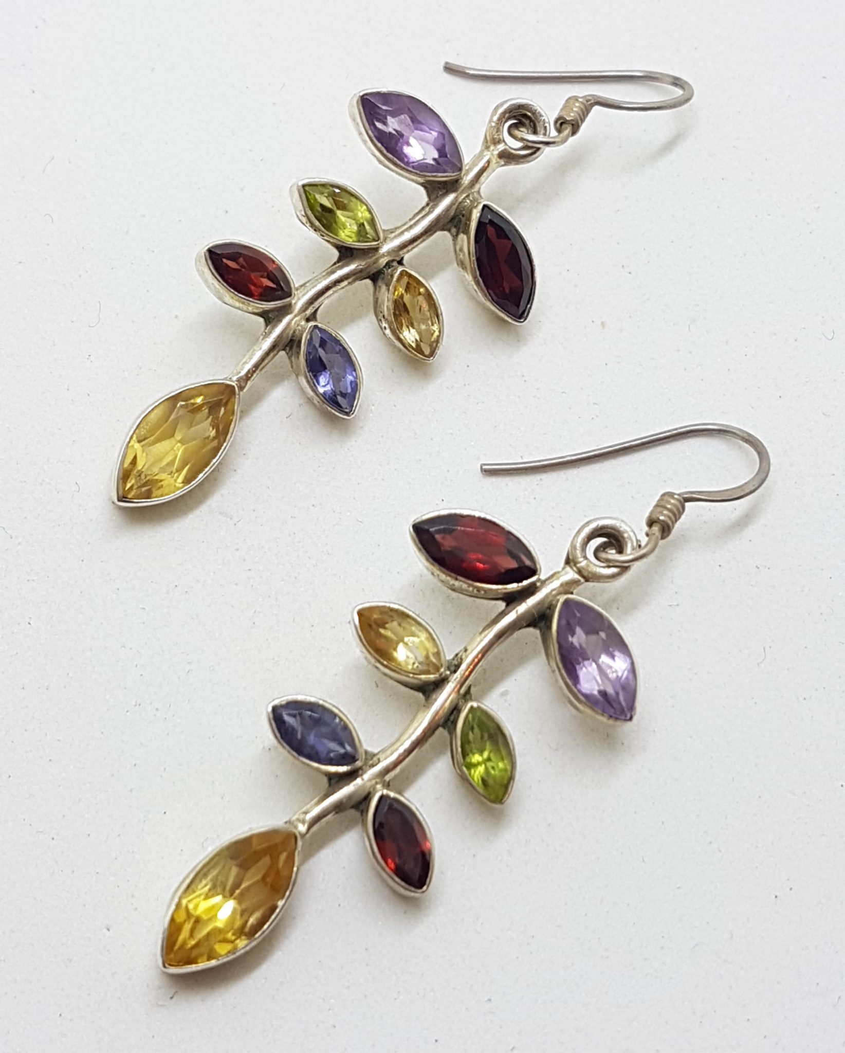 Sterling Silver Multi-Colour Gemstones Long Leaf Drop Earrings - Amethyst, Citrine, Garnet, Peridot and Iolite
