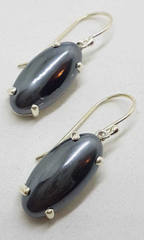 Sterling Silver Large Oval Hematite Iron Ore Drop Earrings