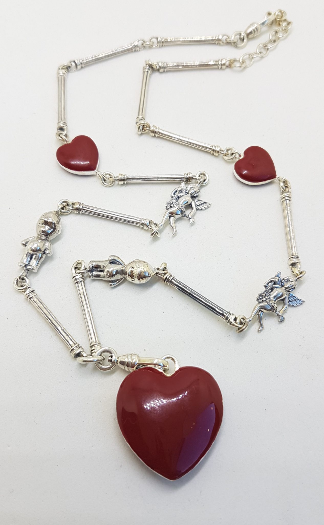 Sterling Silver Red Enamel Heart, Cupid and Cupie Doll Heavy Fob Style Necklace