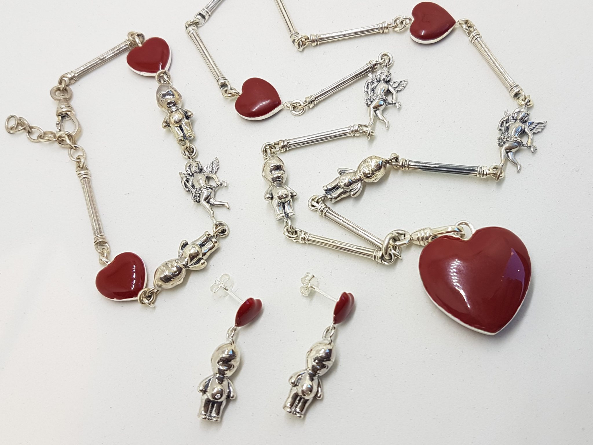 Sterling Silver Red Enamel Heart, Cupid and Cupie Doll Heavy Fob Style Necklace