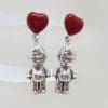 Sterling Silver Red Enamel Heart Cupie Doll Drop Earrings