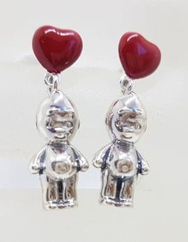 Sterling Silver Red Enamel Heart Cupie Doll Drop Earrings
