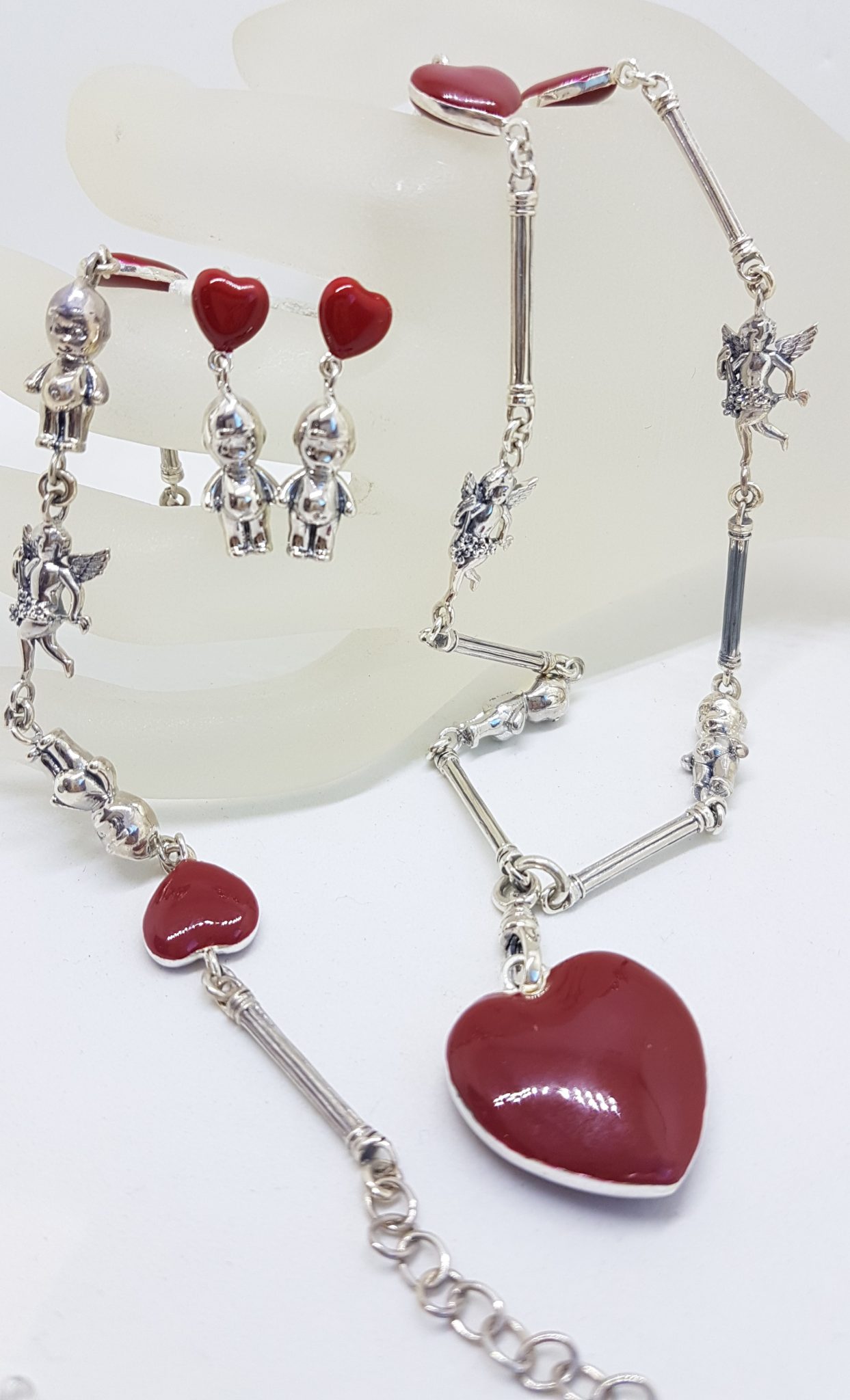 Sterling Silver Red Enamel Heart, Cupid and Cupie Doll