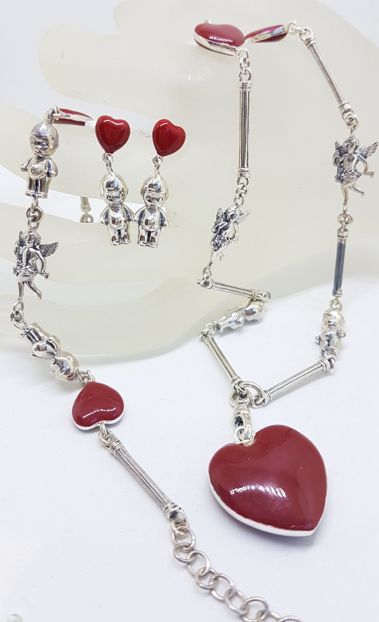 Sterling Silver Red Enamel Heart, Cupid and Cupie Doll Heavy Fob Style Necklace