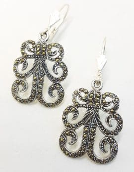 Sterling Silver Ornate Marcasite Large Drop Earrings