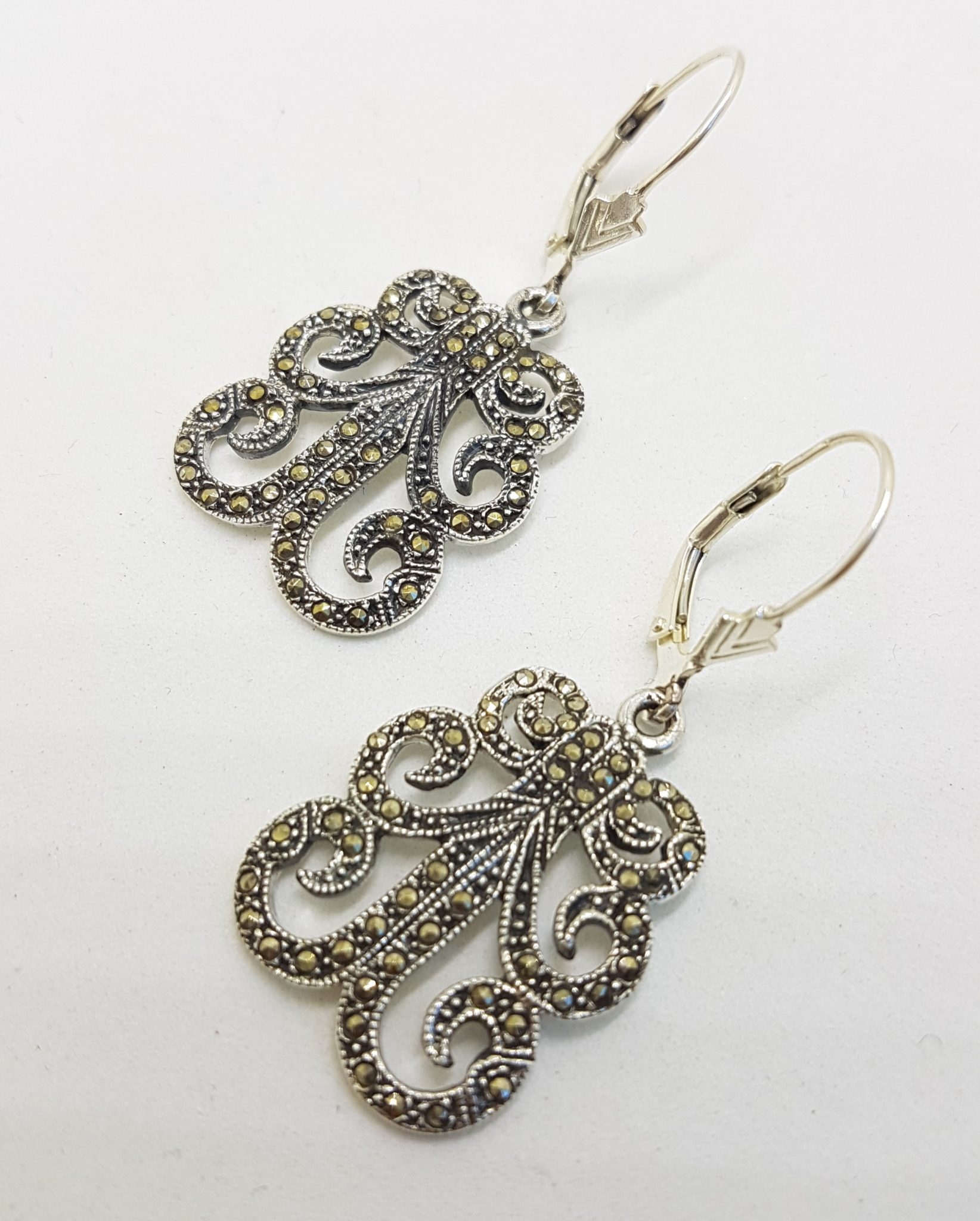20200809_093543 Sterling Silver Ornate Marcasite Large Drop Earrings