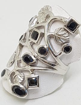 Sterling Silver Large / Wide Black Cubic Zirconia Ornate Leaf Design Ring