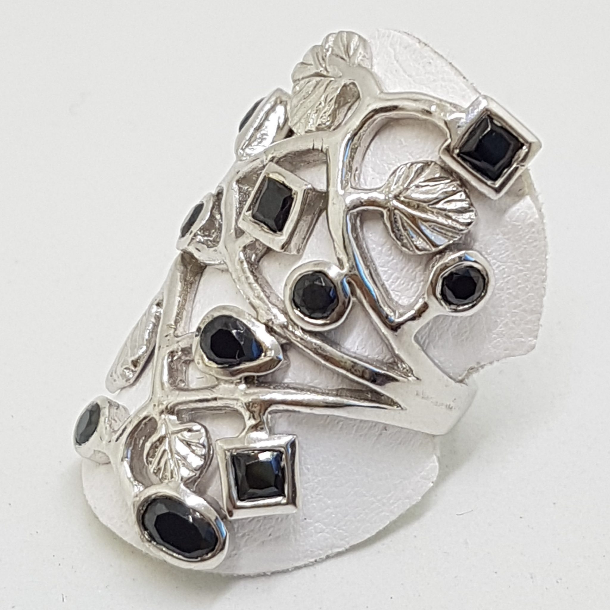 20200809_093620 Sterling Silver Large / Wide Black Cubic Zirconia Ornate Leaf Design Ring