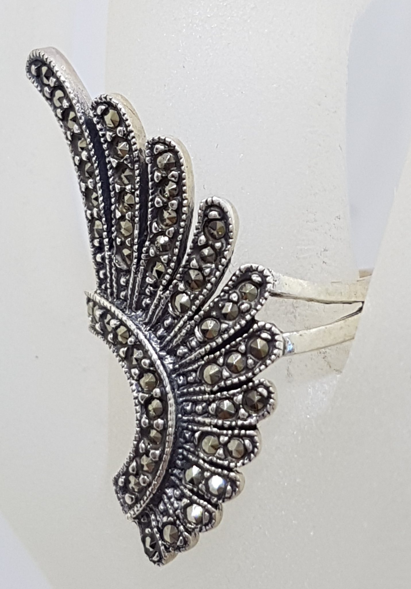 Sterling Silver Marcasite Large Curved Fan Shape Ring