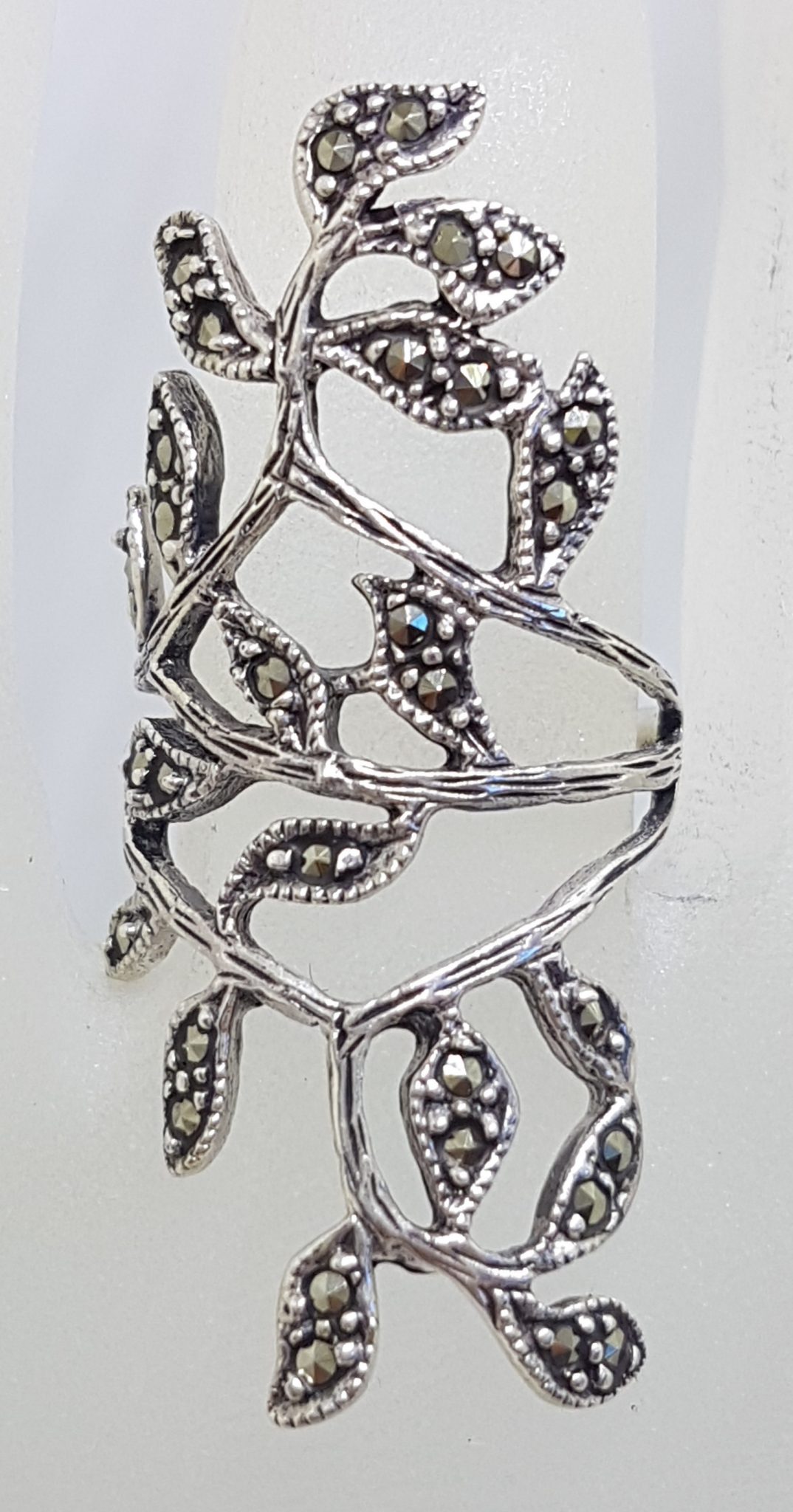 Sterling Silver Marcasite Large / Long Ornate Leaf Design Ring