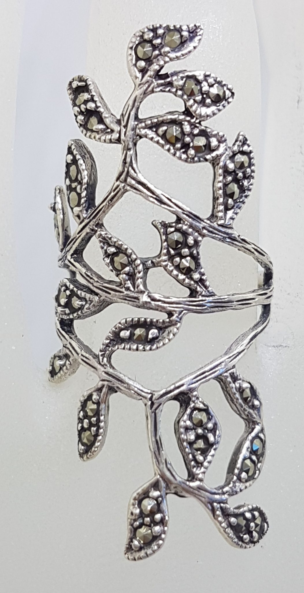 Sterling Silver Marcasite Large / Long Ornate Leaf Design Ring